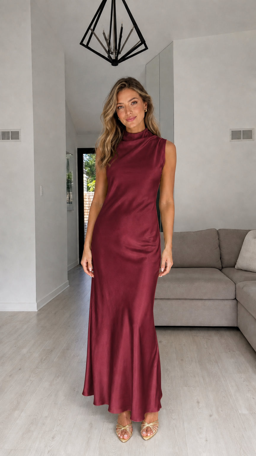 Model wearing burgundy satin maxi dress