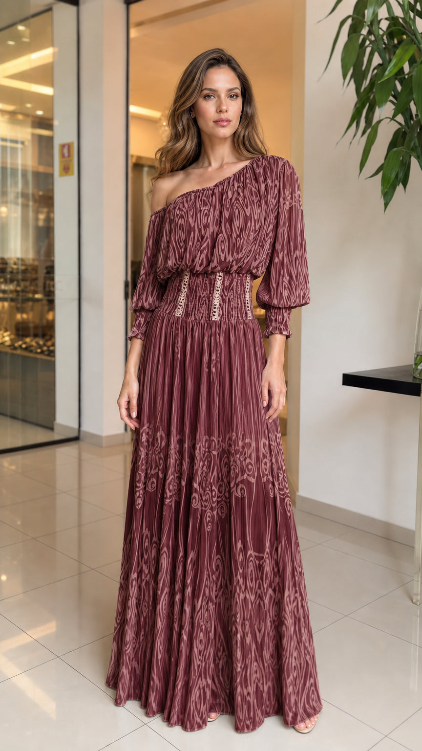 Model wearing Burgundy one-shoulder maxi dress