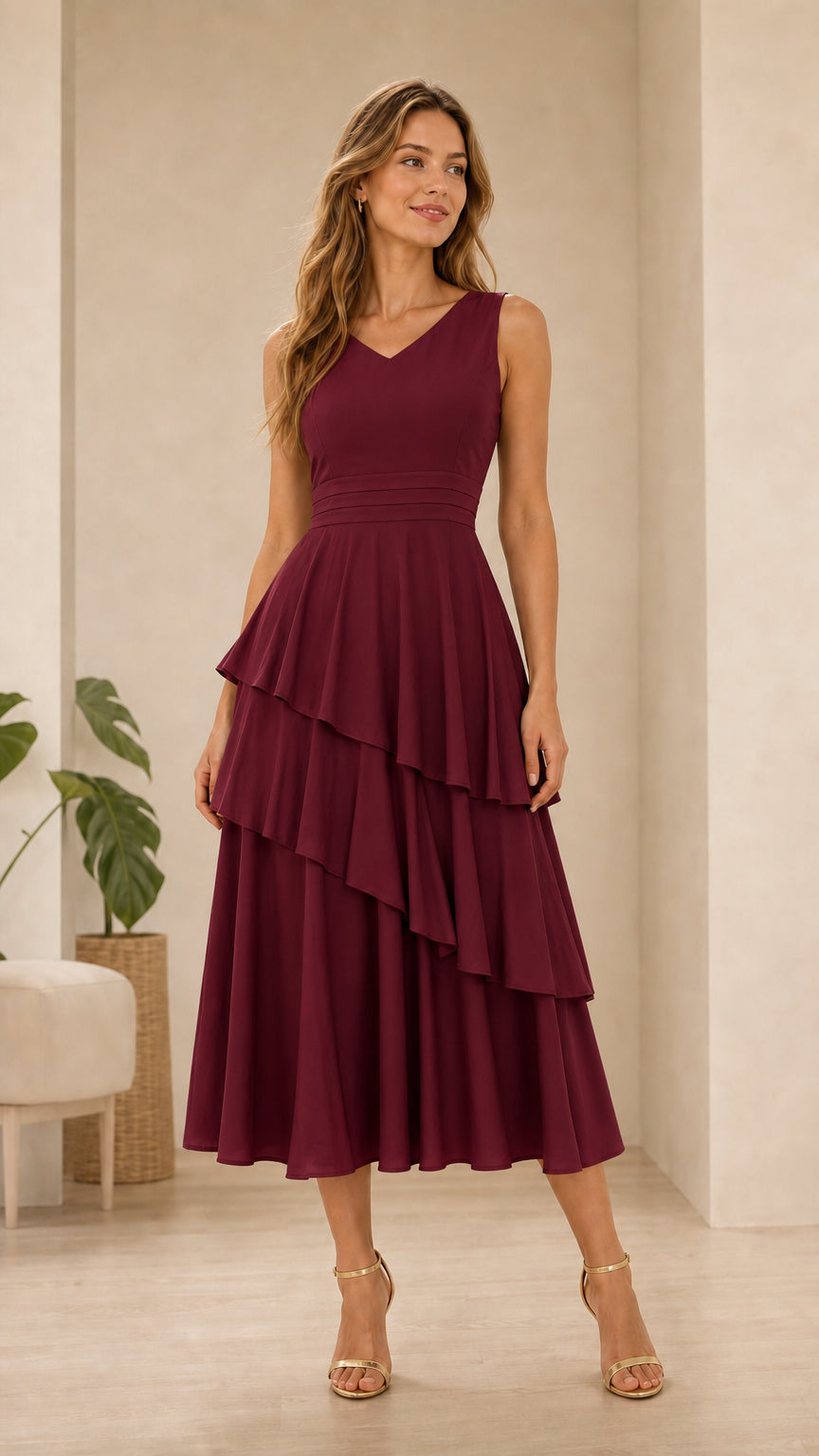 Elegance Tiered V-Neck Midi Dress in Burgundy