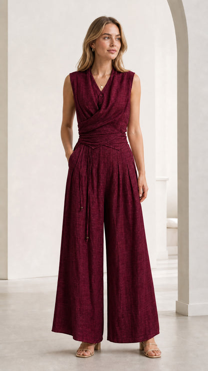 Front view of woman wearing Burgundy sleeveless wrap front wide-leg jumpsuit