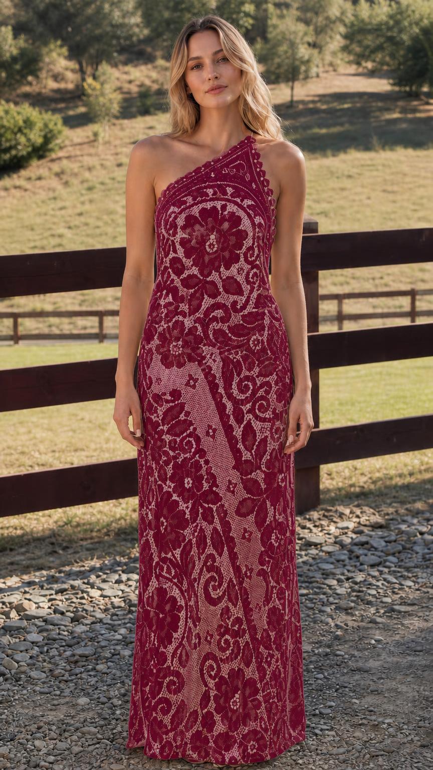Model wearing burgundy one-shoulder floral lace maxi dress