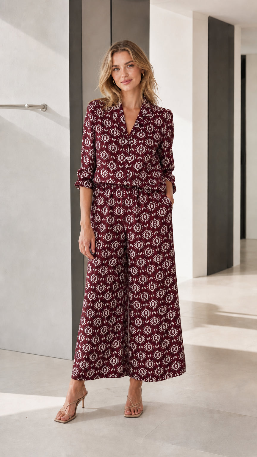 Burgundy printed wide-leg jumpsuit variant