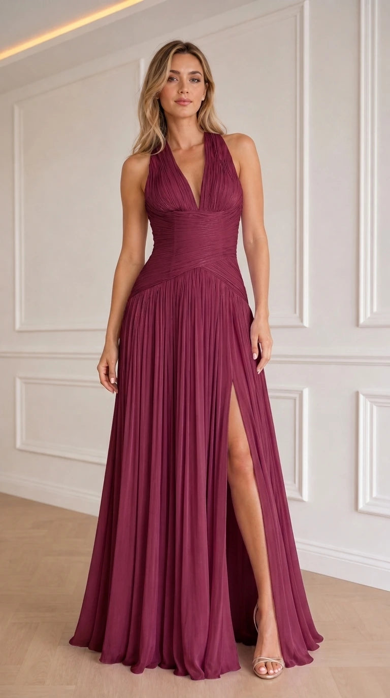 Model wearing burgundy color variant of the halter pleated evening dress