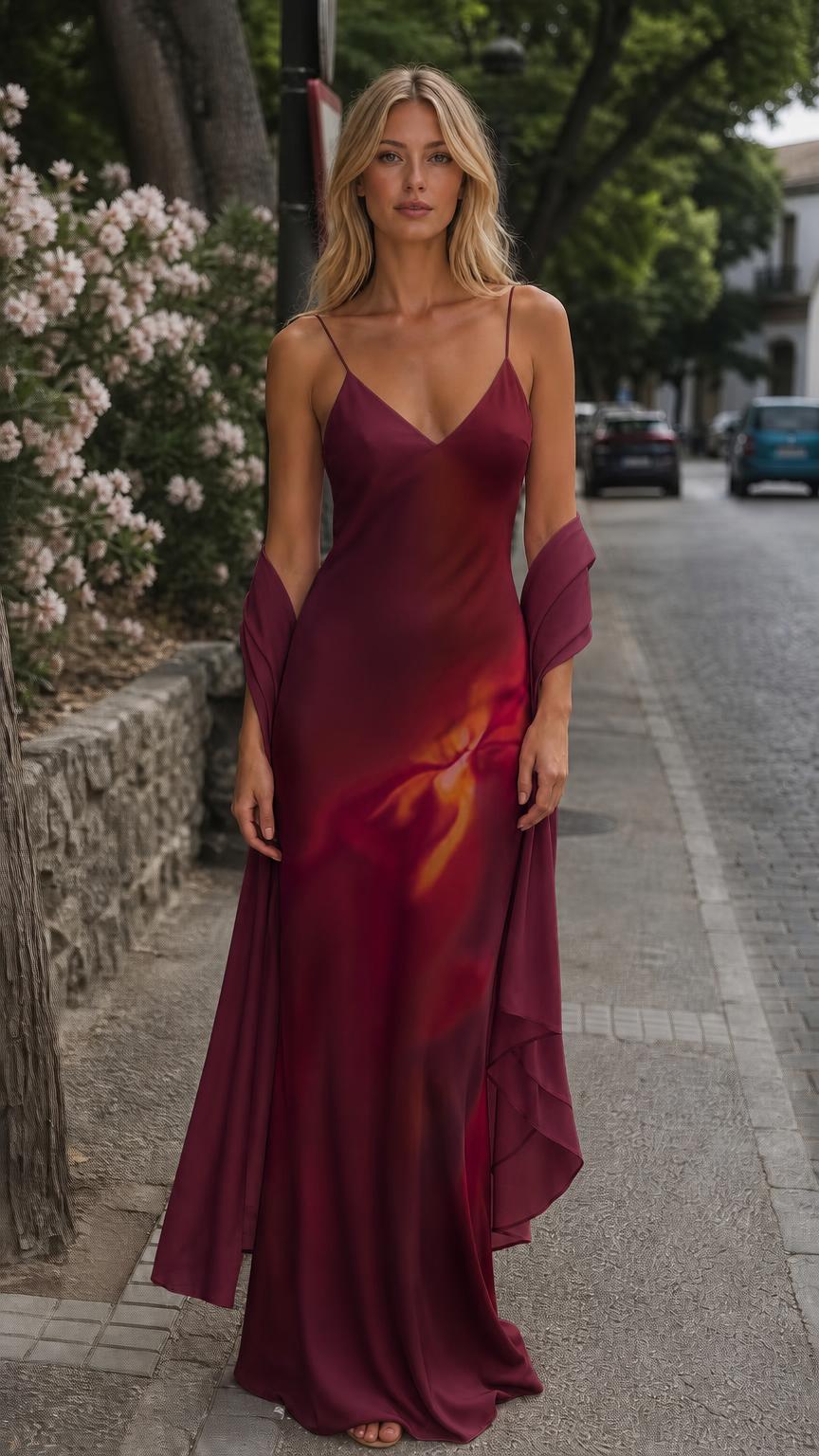 Front view of burgundy ombre maxi slip dress with shawl