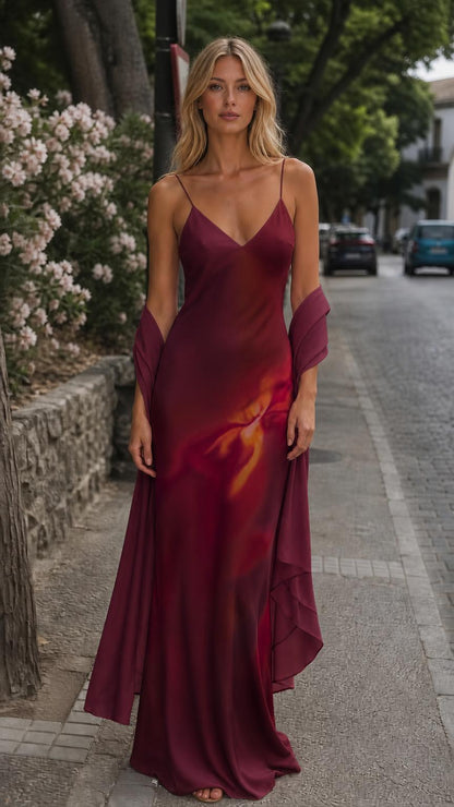 Front view of burgundy ombre maxi slip dress with shawl