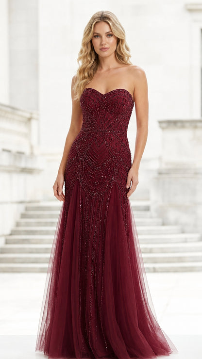 Burgundy strapless beaded formal gown