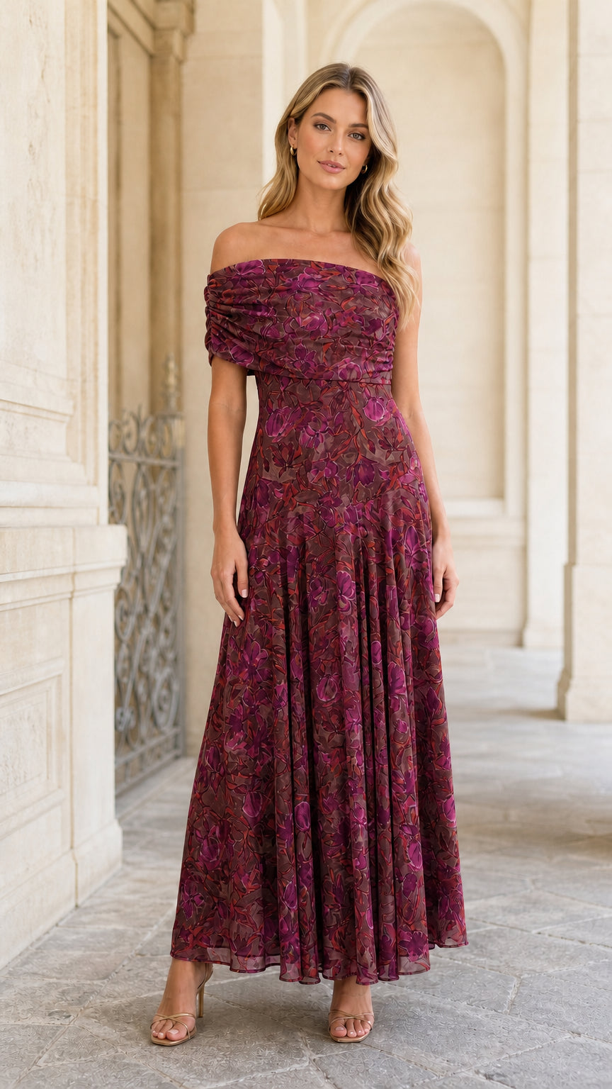 Model wearing burgundy floral variant of the maxi dress