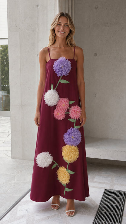 Burgundy maxi dress with vibrant dimensional flower design