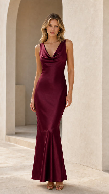 Front view of woman wearing burgundy satin cowl neck gown