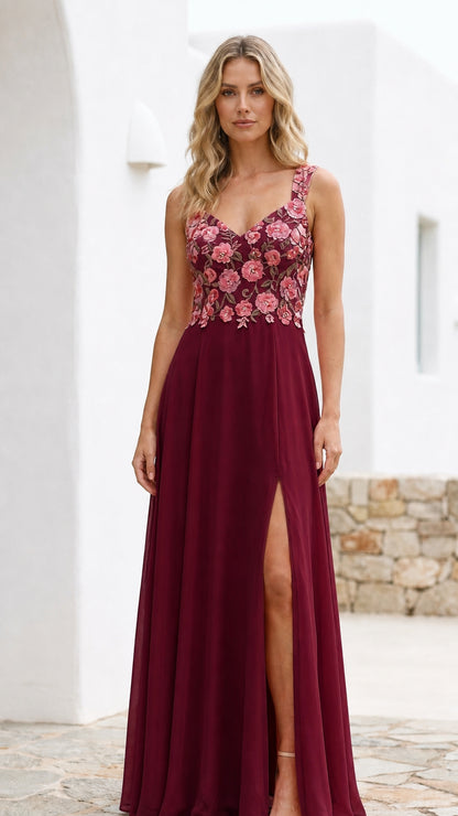 Front view of burgundy floral embroidered maxi dress