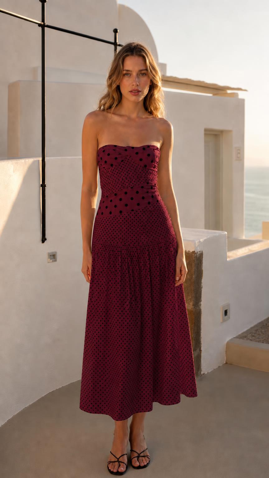 Front view of burgundy polka dot strapless midi dress