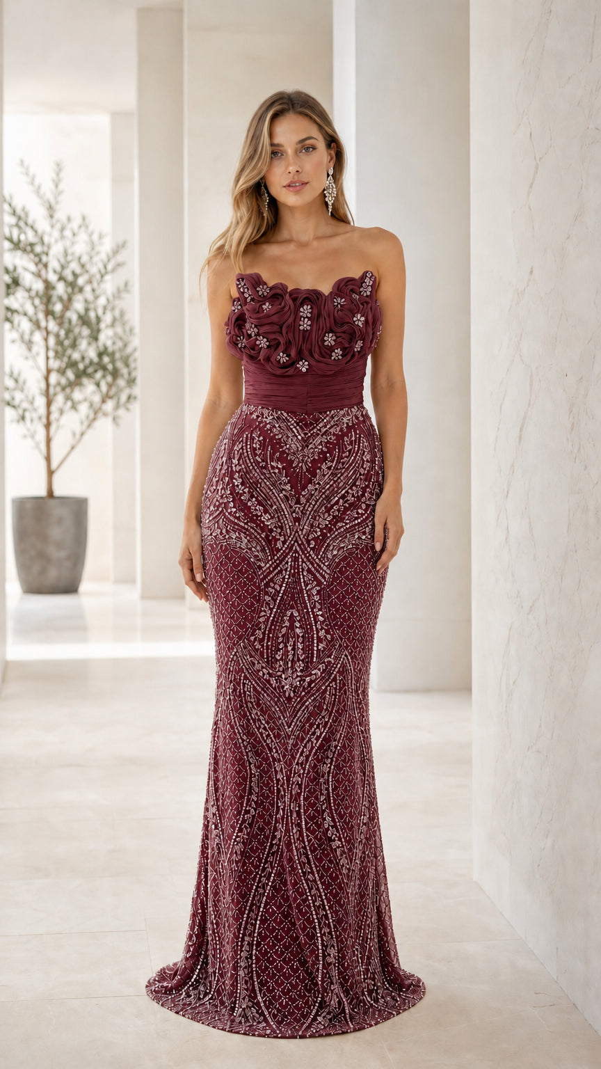 Front view of burgundy beaded evening dress