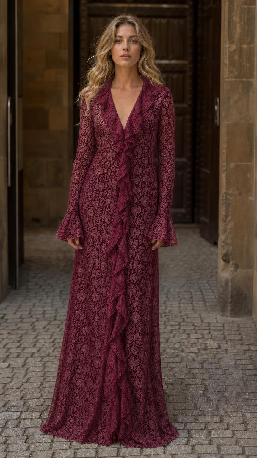 Front full view of woman wearing burgundy lace maxi dress