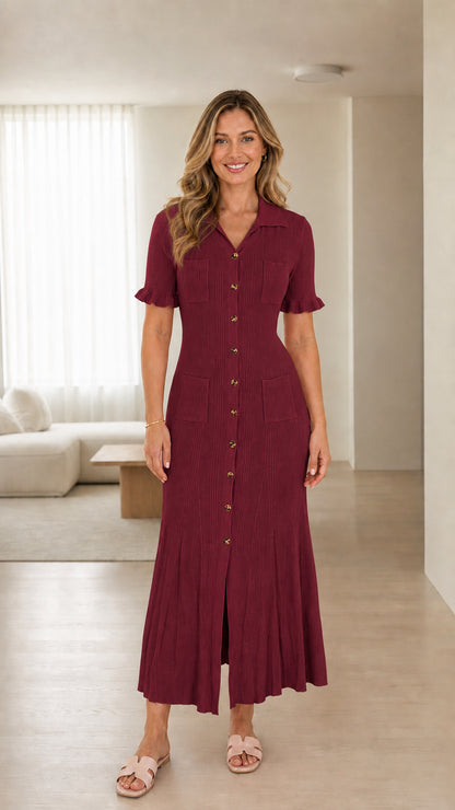 Model wearing burgundy ribbed knit polo midi dress