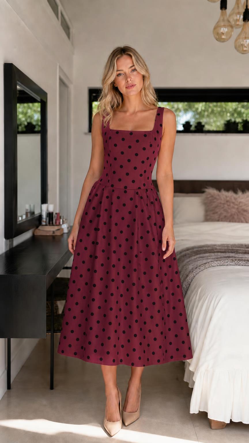 Front view of woman wearing burgundy polka dot midi dress