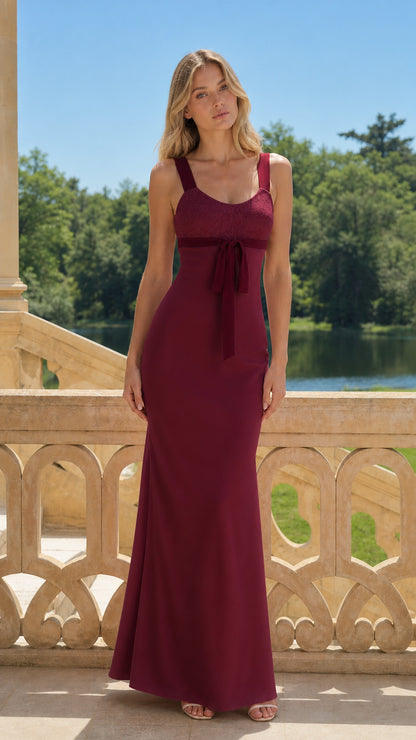 Elegance Contrast Bow Long Maxi Dress in Burgundy