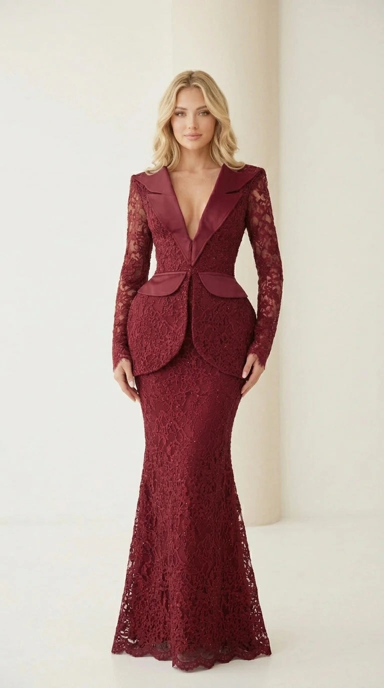 Full view of the burgundy lace evening gown with satin lapels