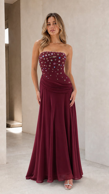 Full-length view of burgundy strapless floral embellished chiffon maxi dress
