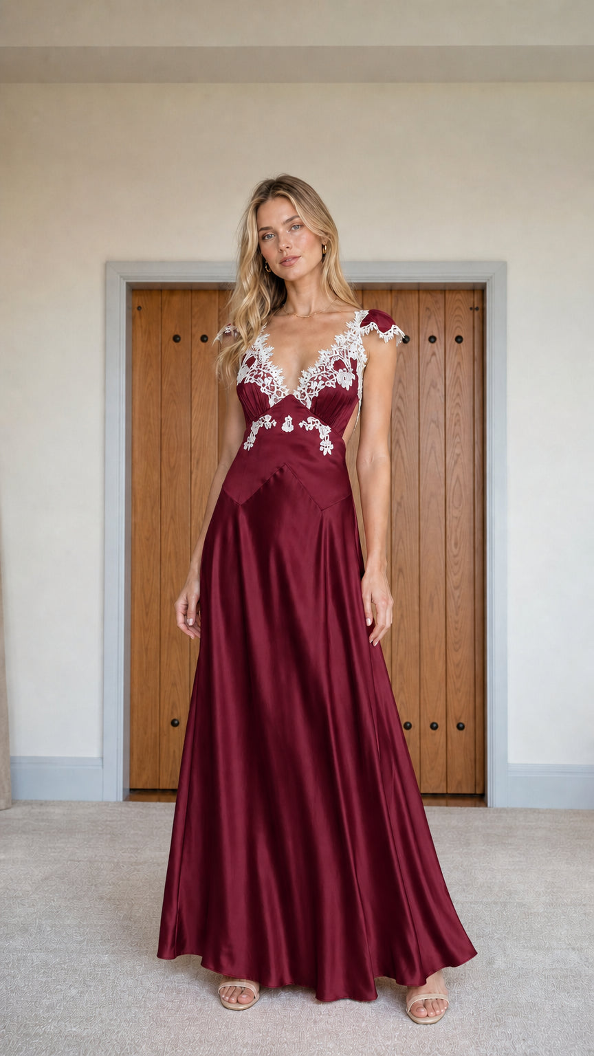 Full view of burgundy satin lace-trim maxi dress variant