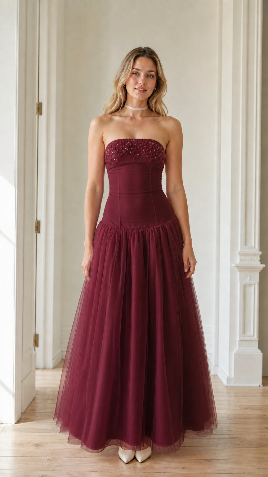 Front view of the burgundy color variant of the tulle maxi dress