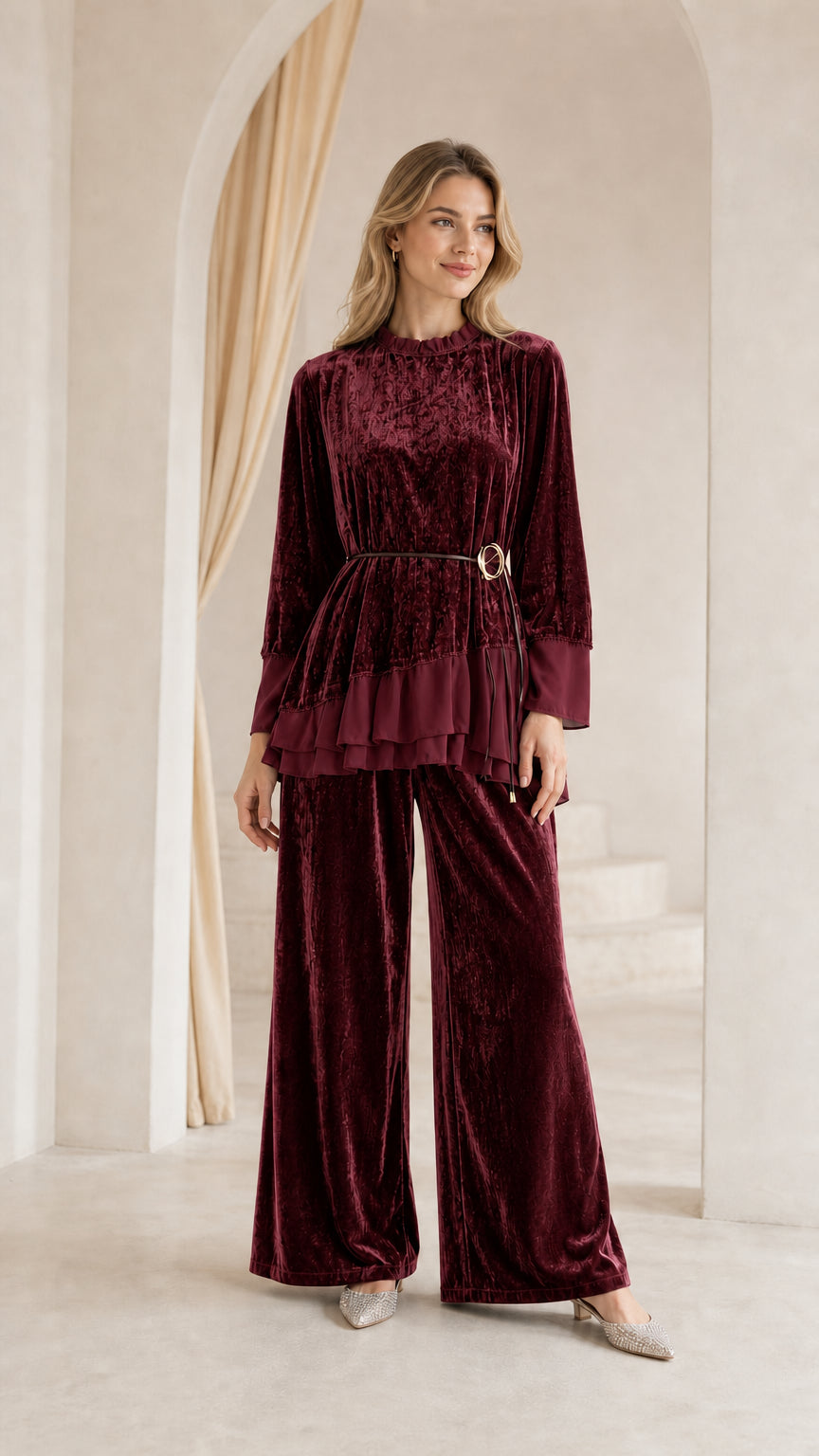 Front view of woman wearing burgundy crushed velvet two-piece pant set