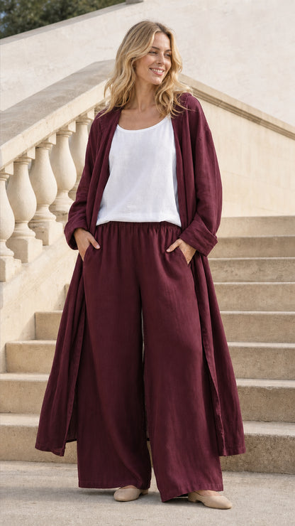 Model wearing Burgundy hooded long cardigan and wide-leg pants set