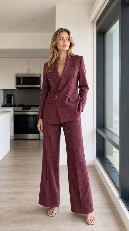 Woman wearing burgundy double-breasted blazer and wide-leg pants set