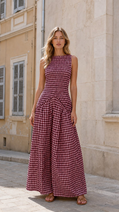 Model wearing burgundy gingham maxi dress