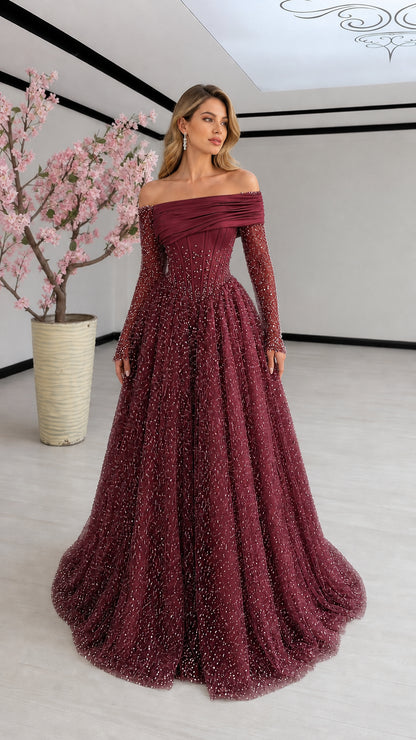Burgundy off-the-shoulder corset ball gown with sparkling embellishments
