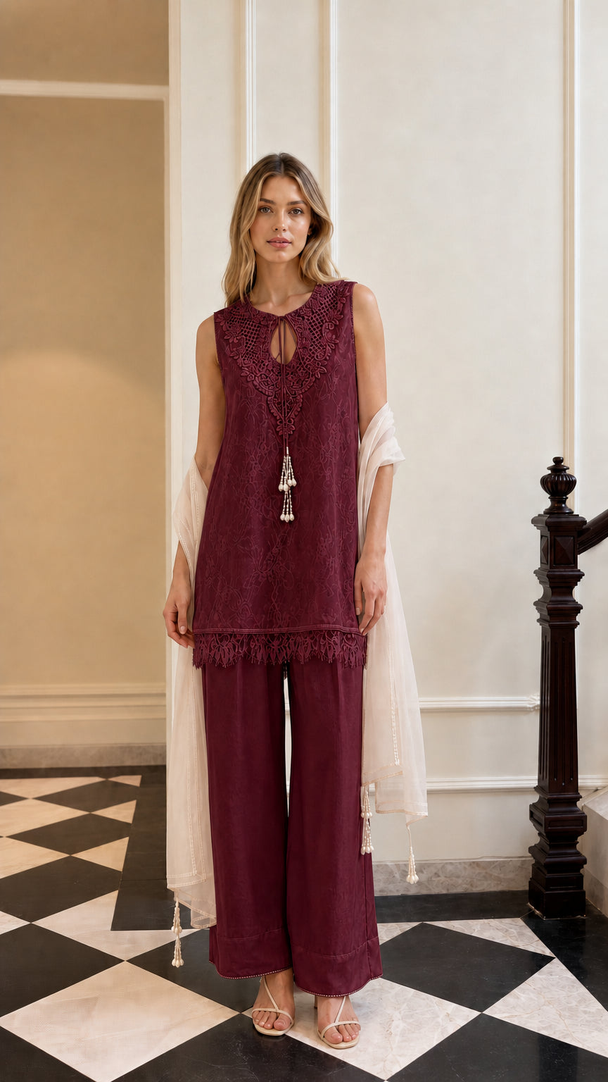 Front view of model in burgundy color variant