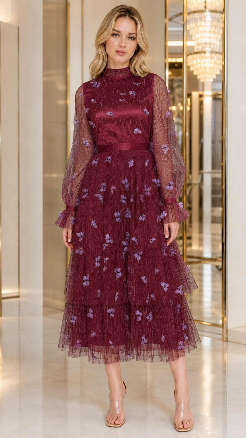 Burgundy wine red tiered tulle evening dress with 3D butterfly accents