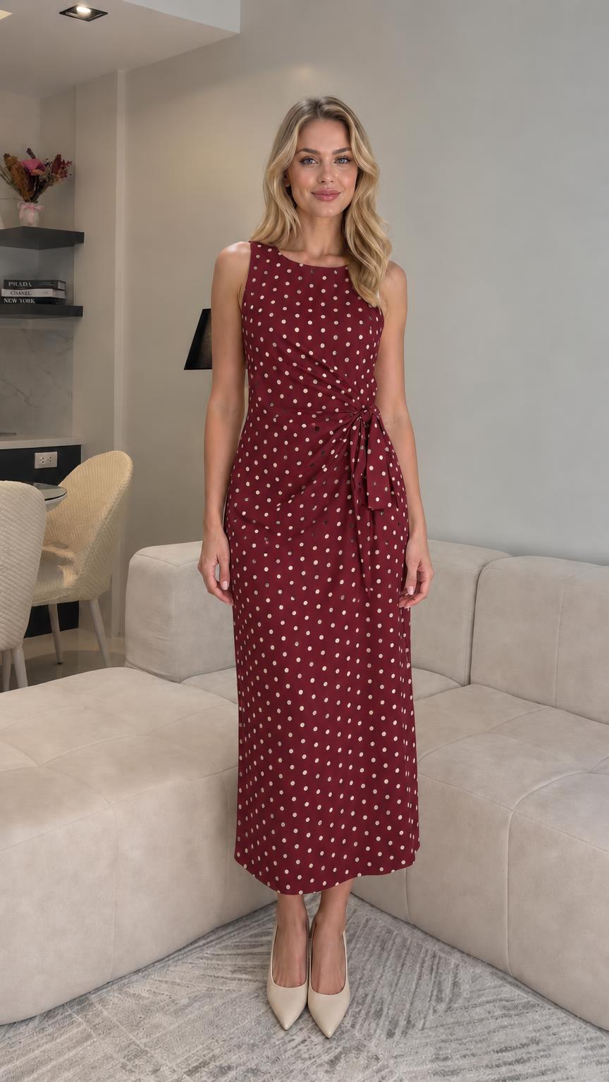 Front view of burgundy polka dot midi dress