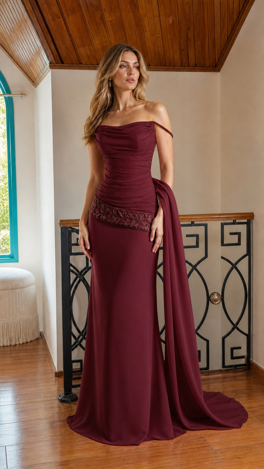 Front view of burgundy off-shoulder formal evening dress