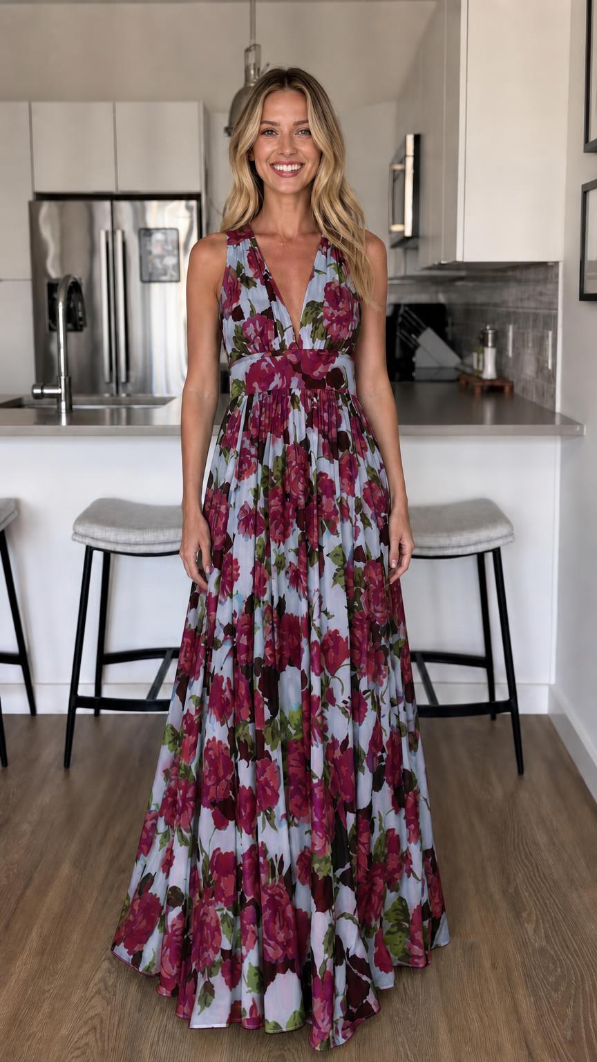 Front view of Burgundy floral maxi dress variant