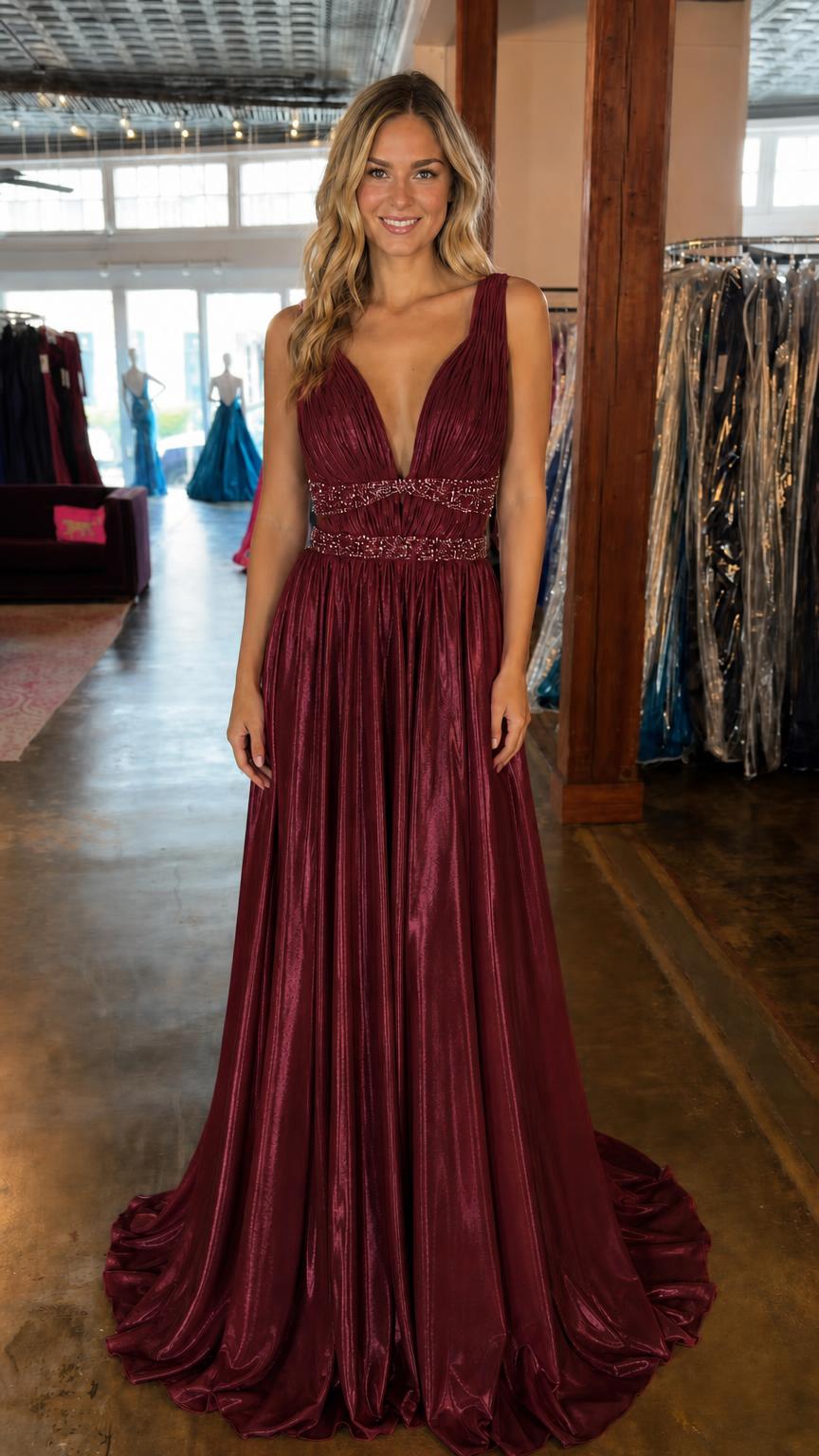 Front view of burgundy glitter pleated formal evening gown