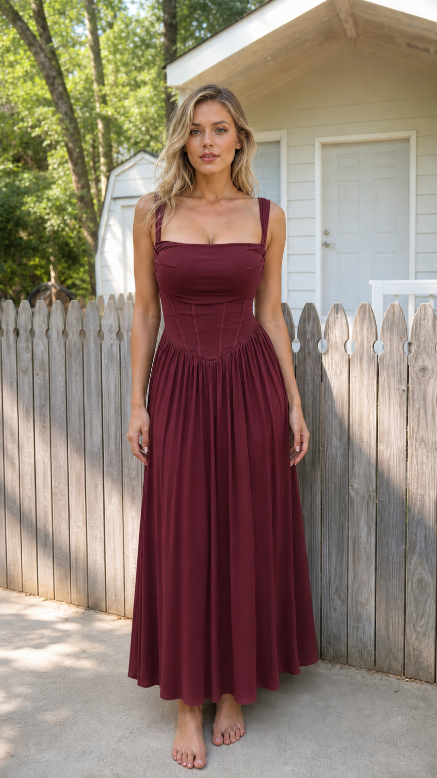 Front view of woman wearing burgundy corset cami maxi dress