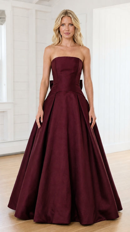 Front view of model in burgundy evening gown