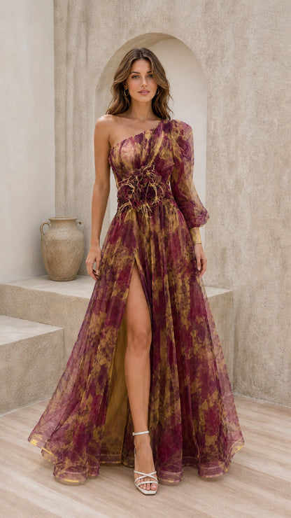 Front view of burgundy multi evening gown with rich floral tones