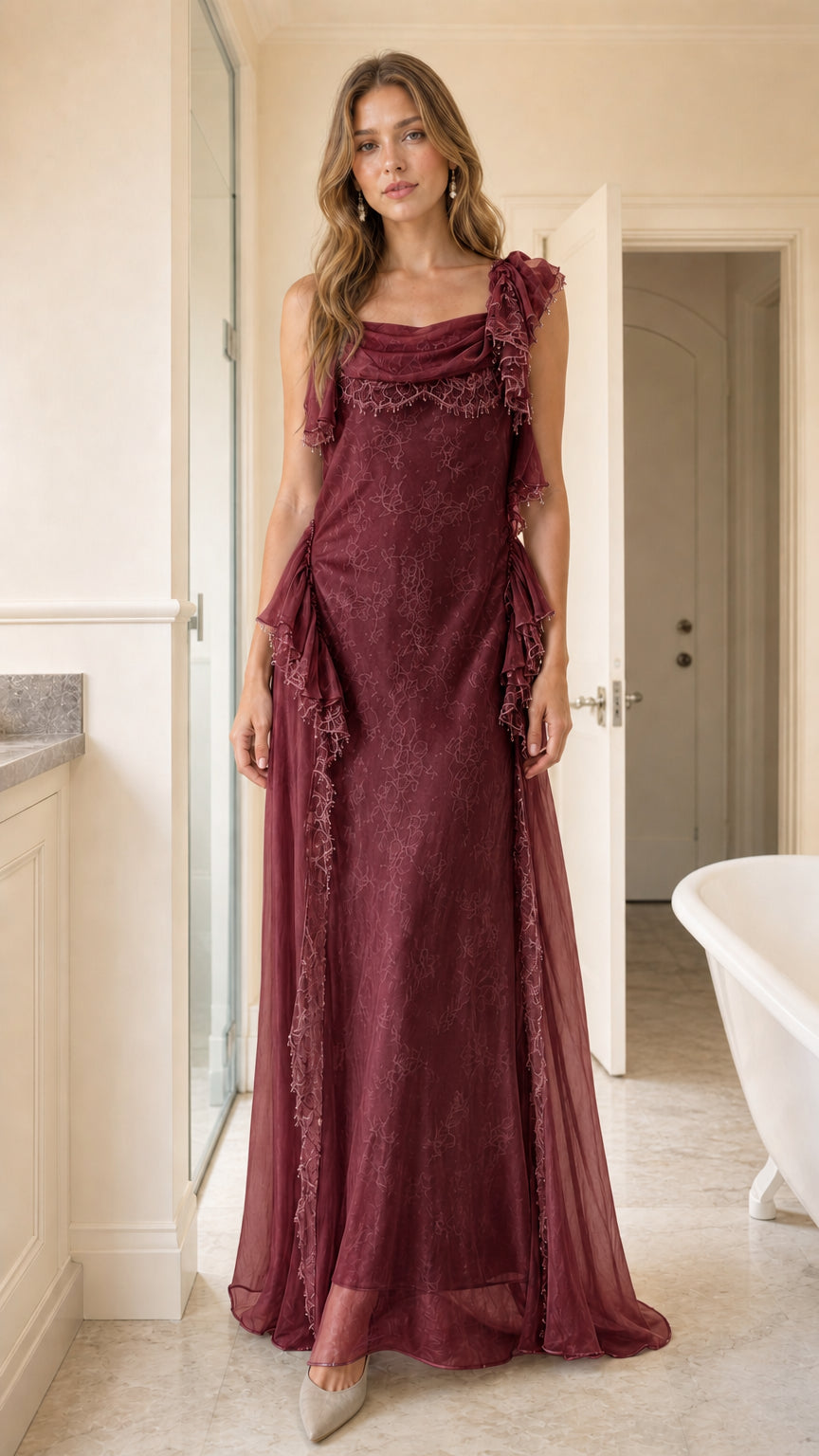 Front view of model wearing burgundy formal dress