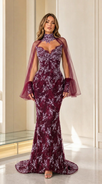 Burgundy color variant of beaded lace mermaid evening dress