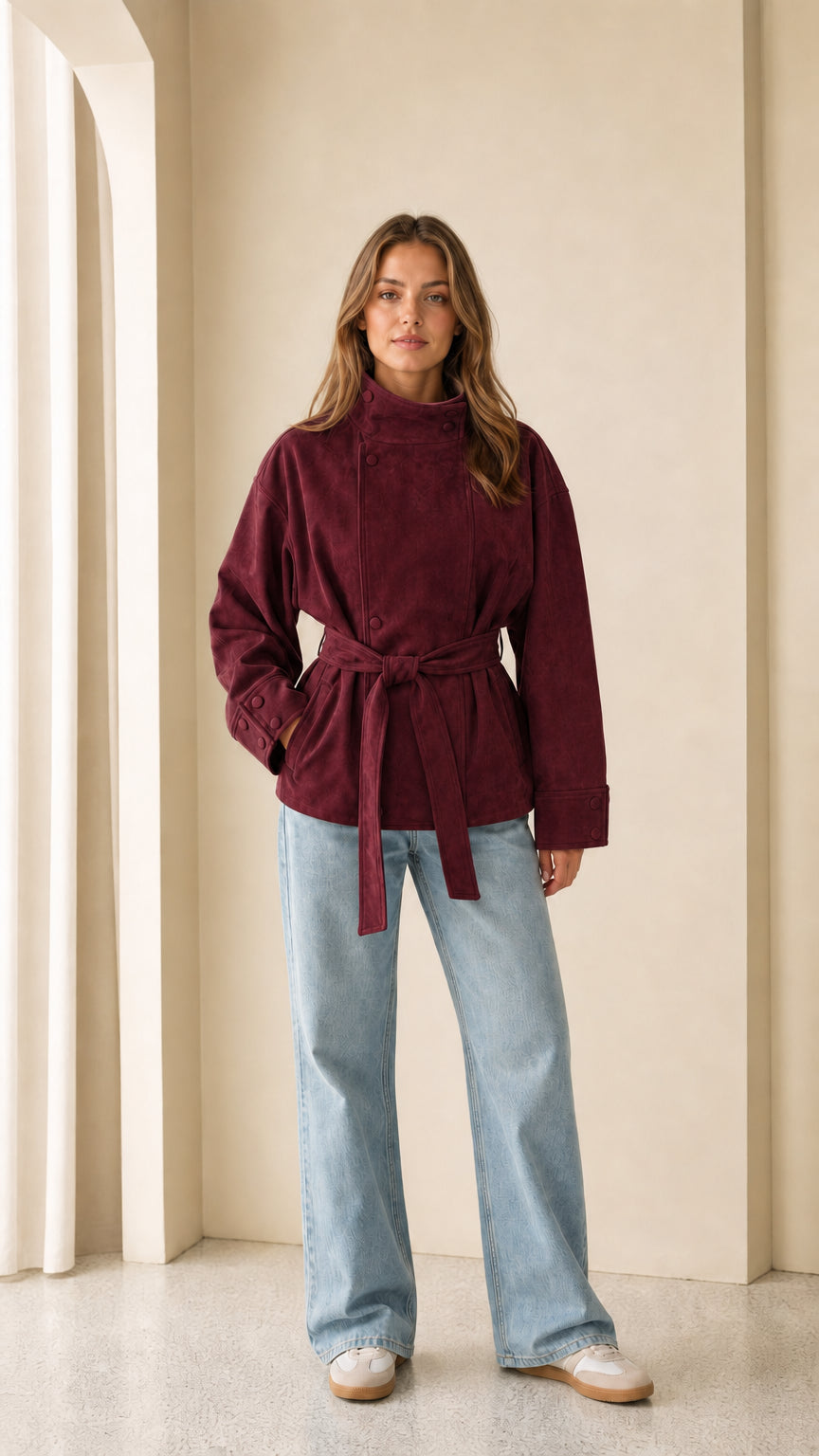 Woman wearing burgundy faux suede belted jacket