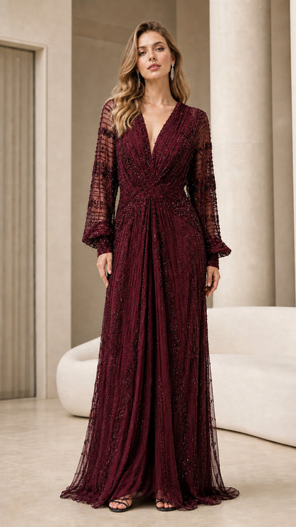 Front view of rich burgundy wine beaded maxi formal evening dress