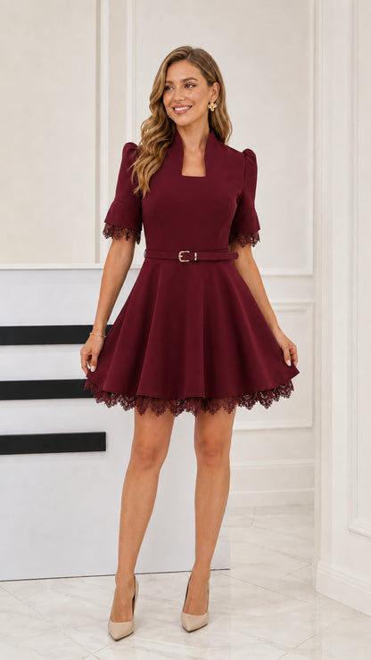 Burgundy wine red notch collar lace-trimmed A-line mini dress