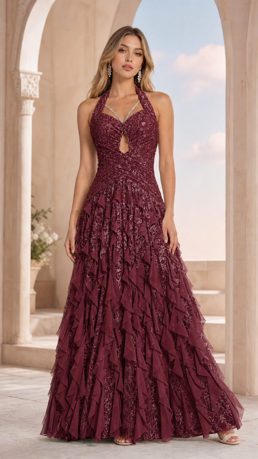 Burgundy color variant of halter ruffled evening dress