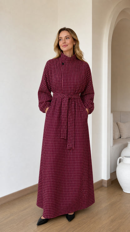 Front view of woman wearing Burgundy wine grid check belted maxi dress