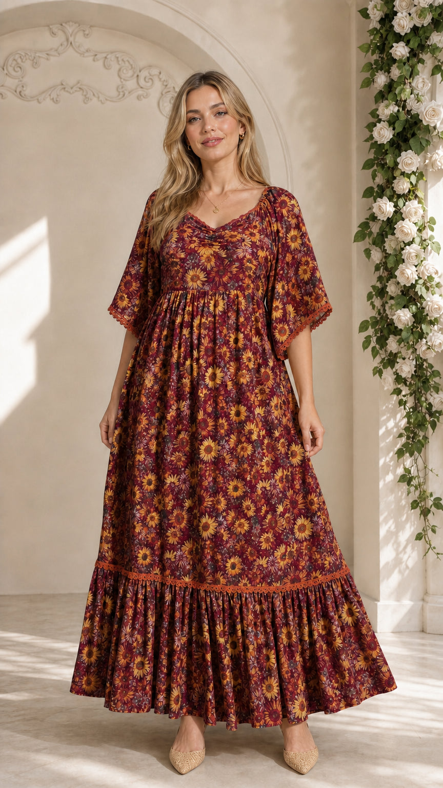 Model wearing burgundy wine floral tiered maxi dress with lace trim