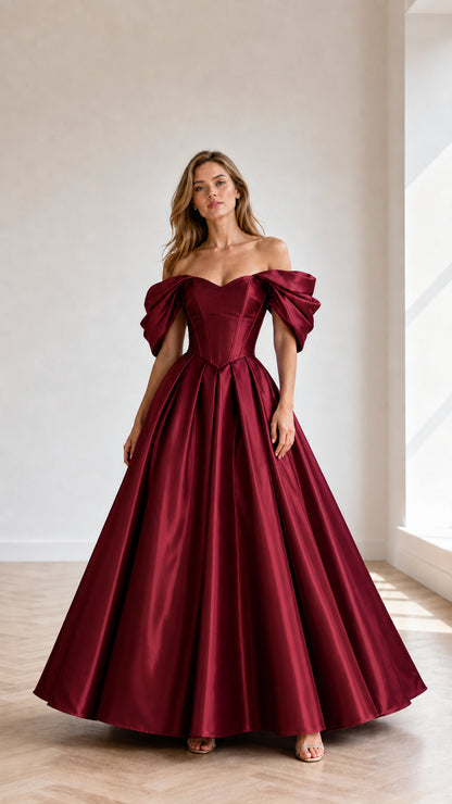 Burgundy off-shoulder satin-look ball gown shown from the front