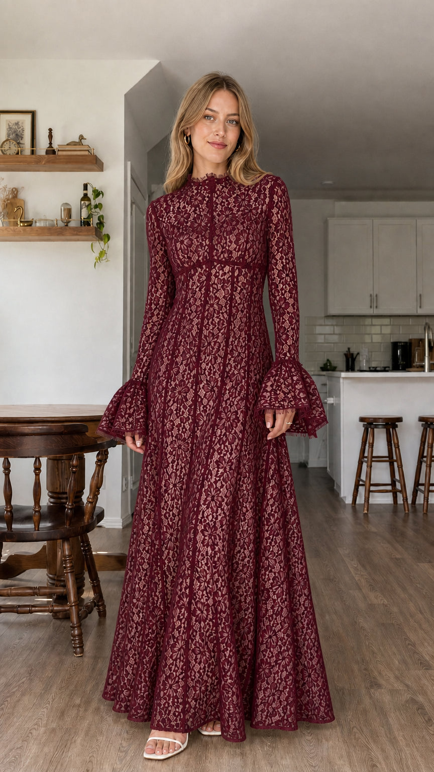 Model wearing burgundy all-over lace long sleeve maxi dress