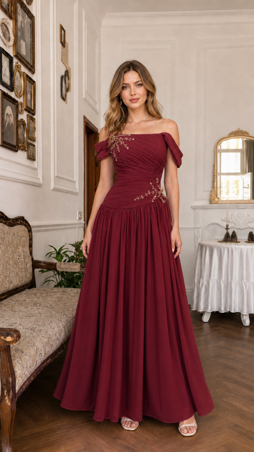 Burgundy wine off-the-shoulder formal maxi dress
