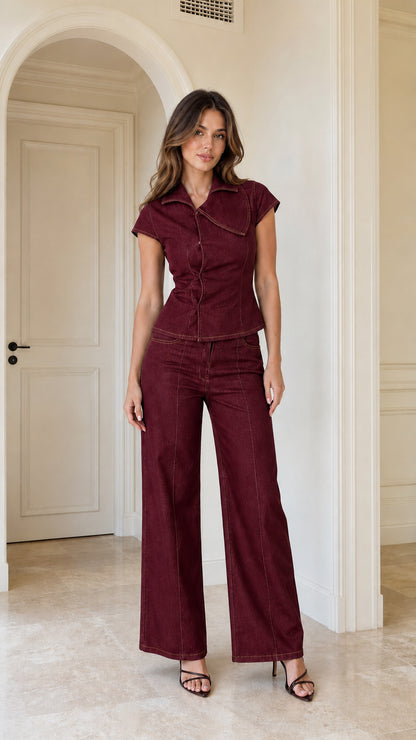 Model wearing burgundy matching set, front view